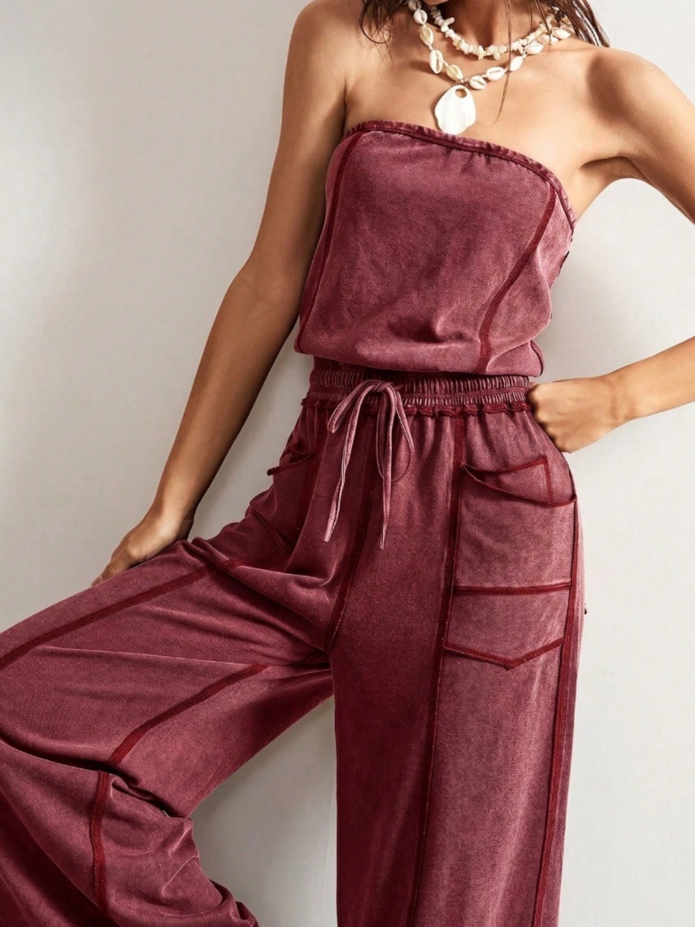Strapless Burgundy Boho Wide Leg Jumpsuit with Pockets